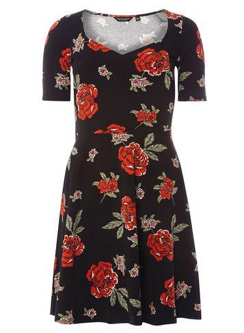 Dorothy Perkins Black And Red Floral Skater Dress