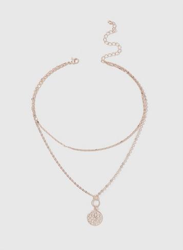 Dorothy Perkins Rose Gold 2 Row Filli Disc Drop Choker Necklace