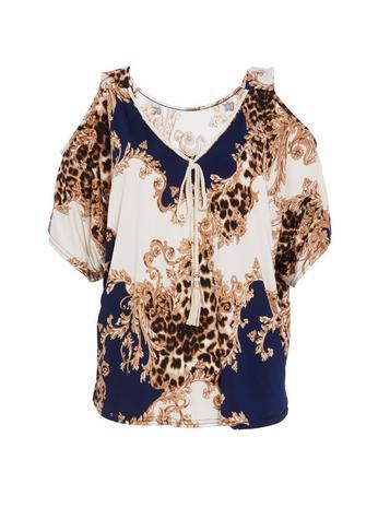 Dorothy Perkins *quiz Cream And Navy Leopard Print Cold Shoulder Top