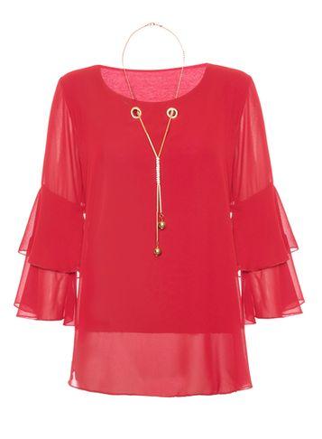Dorothy Perkins *quiz Red Chiffon Frill Top With Necklace