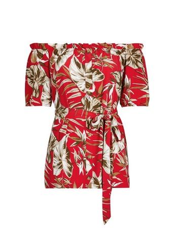 Dorothy Perkins Petite Red Tropical Print Longline Bardot Top