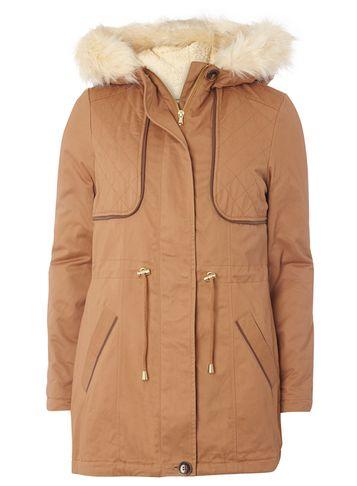 Dorothy Perkins Tan Faux Fur Leather Trim Parka Coat