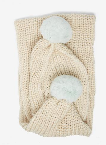 Dorothy Perkins Cream And Mint Knitted Pom Pom Scarf