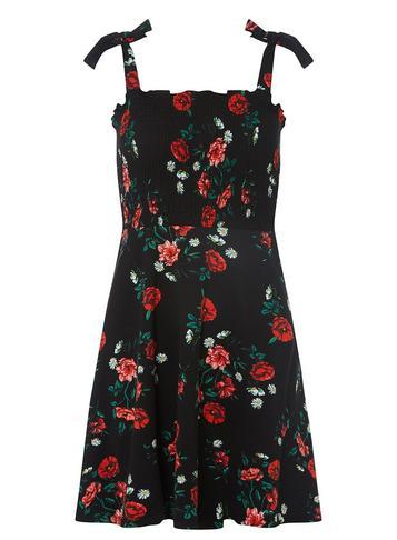 Dorothy Perkins Petite Black Shirred Rose Skater Dress