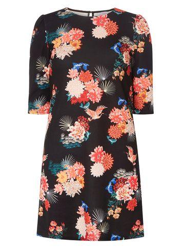 Dorothy Perkins Petite Black And Orange Oriental Bird Print Shift Dress