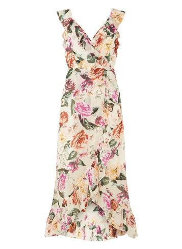 Dorothy Perkins Cream Floral Ruffle Wrap Maxi Dress