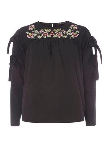 Dorothy Perkins Black Embroidered Tie Sleeve Top