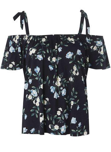 Dorothy Perkins Navy Floral Self-tie Cold Shoulder Top