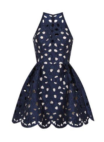 Dorothy Perkins *chi Chi London Petite Navy Laser Cut High-neck Dress