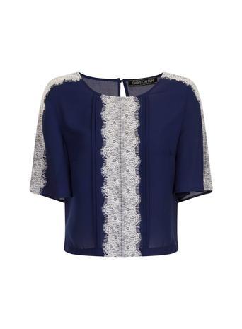 Dorothy Perkins Navy And Cream Lace Trim Top