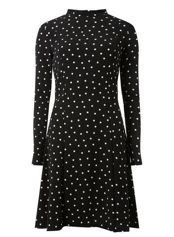 Dorothy Perkins *tall Black Spotted High Neck Fit And Flare Dress