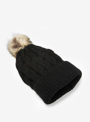 Dorothy Perkins Black Cable Knit Pom Hat