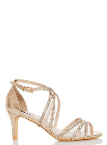 *quiz Gold Diamante Mid Heel Sandals