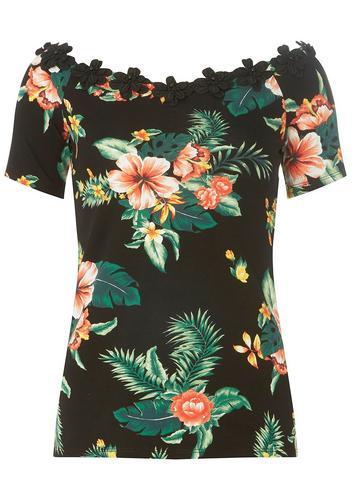 Dorothy Perkins *tall Black Tropical Trim Bardot Top