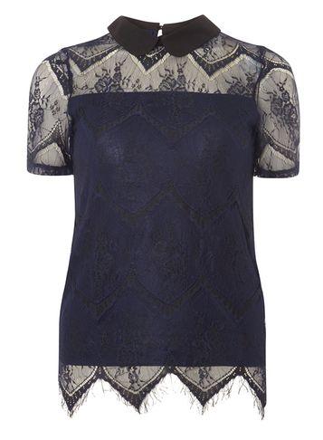 Dorothy Perkins Navy Collar Lace T-shirt