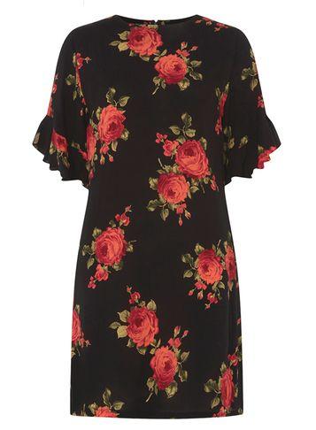 Dorothy Perkins Black Rose Floral Ruffle Sleeve Shift Dress