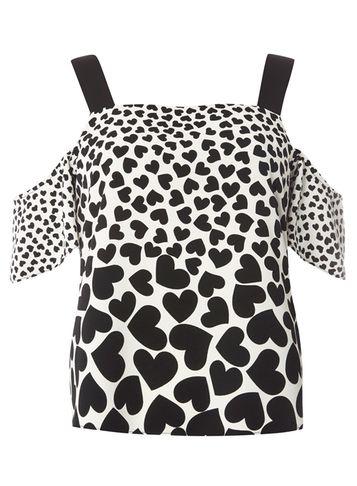 Dorothy Perkins Petite Monochrome Heart Print Cold Shoulder Top