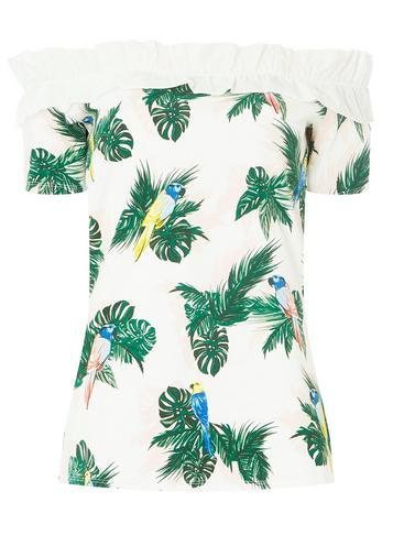 Dorothy Perkins *tall White Floral Print Ruffle Bardot Top