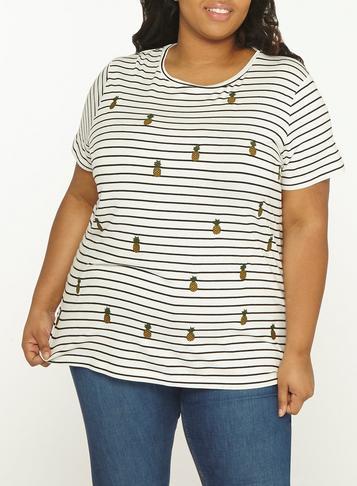 Dorothy Perkins Dp Curve Monochrome Striped Pineapple Embroidered T-shirt