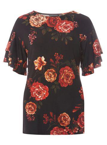 Dorothy Perkins *tall Red Floral Print Double Ruffle Sleeve Top