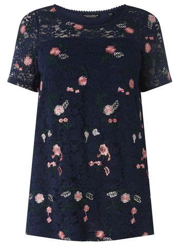 Dorothy Perkins Dp Curve Navy Embroidered Lace T-shirt