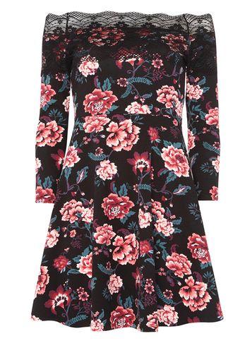 Dorothy Perkins Petite Black Floral Print Bardot Skater Dress