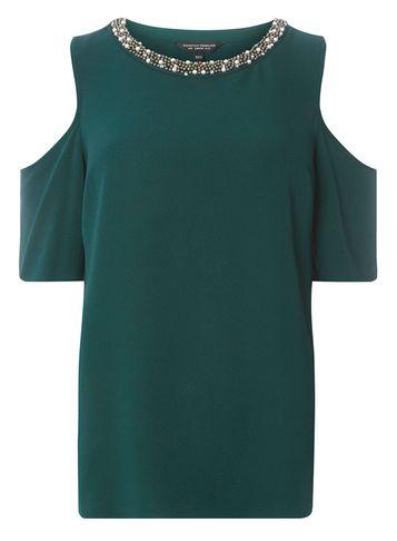 Dorothy Perkins Green Embellished Neck Cold Shoulder Top