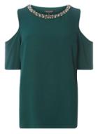 Dorothy Perkins Green Embellished Neck Cold Shoulder Top