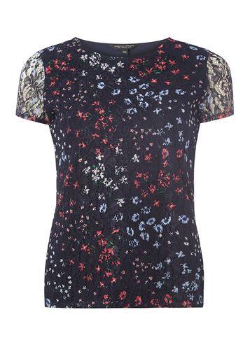Dorothy Perkins Navy Floral Print Lace T-shirt