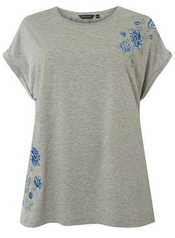 Dorothy Perkins Dp Curve Grey Floral Embroidered T-shirt