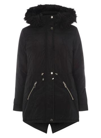 Dorothy Perkins Black Pu Trim Parka Coat