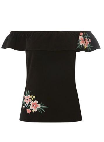 Dorothy Perkins Black Puff Floral Print Ruffle Bardot Top