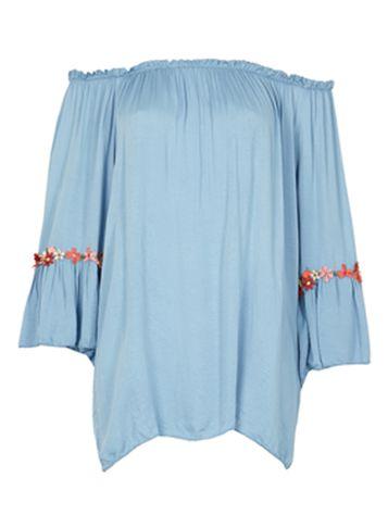 Dorothy Perkins *blue Vanilla Floral Trim Denim Bardot Top