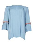 Dorothy Perkins *blue Vanilla Floral Trim Denim Bardot Top