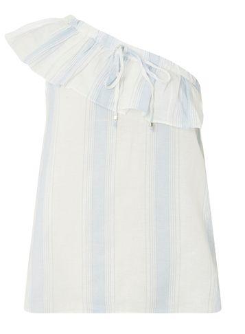 Dorothy Perkins *vero Moda Blue And White Multi Striped Ruffle Blouse