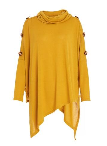 Dorothy Perkins *quiz Mustard Asymmetric Cowl Neck Knitted Long Sleeve Top