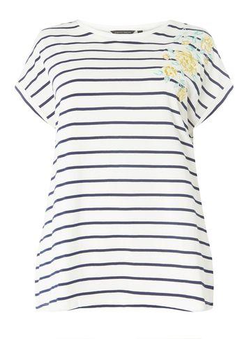 Dorothy Perkins Dp Curve Multi Coloured Stripe Floral Embroidered T-shirt