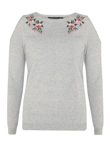 Dorothy Perkins Grey Floral Embroidered Cold Shoulder Jumper
