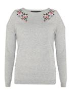 Dorothy Perkins Grey Floral Embroidered Cold Shoulder Jumper