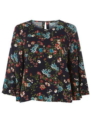 Dorothy Perkins *only Navy Floral Print Bell Sleeve Top