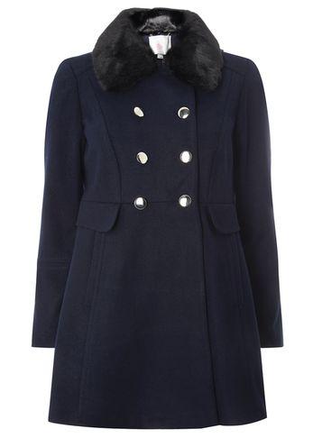 Dorothy Perkins Petite Navy Faux Fur Collar Fit And Flare Coat