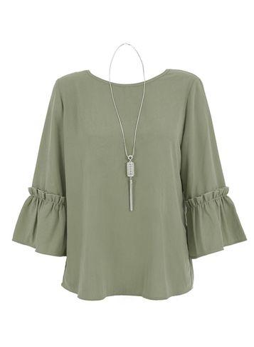 Dorothy Perkins *quiz Khaki Crepe Frill Sleeve Top