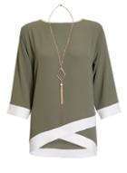 Dorothy Perkins *quiz Khaki And Cream 3/4 Sleeve Top With Necklace