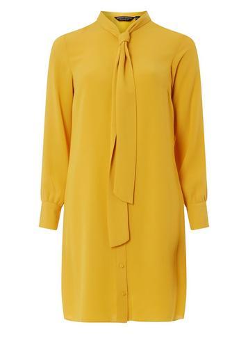 Dorothy Perkins Ochre Pussybow Collar Shirt Dress