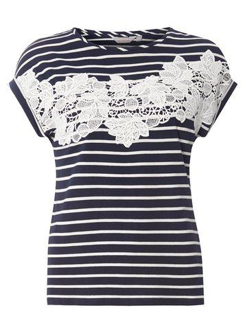 Dorothy Perkins Petite Navy And White Stripe Lace T-shirt