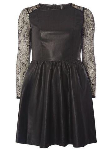 Dorothy Perkins *only Black Pu And Lace Skater Dress