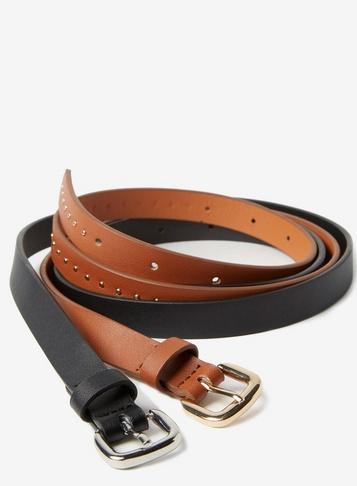 Dorothy Perkins 2 Pack Black And Tan Studded Belts
