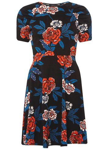 Dorothy Perkins Black Floral Print Ruched Sleeve Skater Dress
