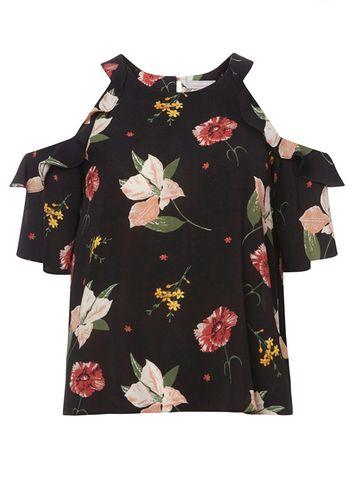 Dorothy Perkins Petite Black Floral Cold Shoulder Top