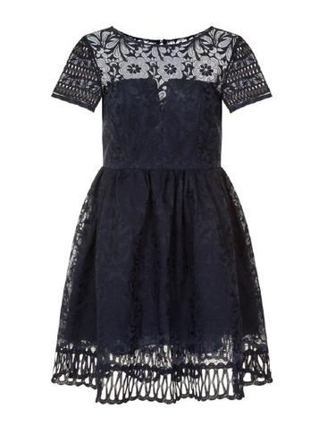 *chi Chi London Navy Short Sleeve Laser Cut Dress